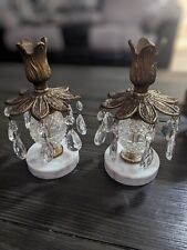 Pair of Vintage Brass & Crystal Prisms Candlestick Holders w/ Marble Base picture