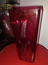Cranberry Wheat Etched Square Vase 10