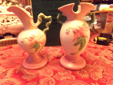 2 Vintage Hull Art USAPottery Double Handle Vase/ Pitcher Water Lily Green/Pink picture