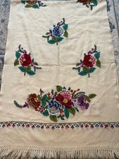 Vtg Ukrainian Embroidered  Roses Floral Wool Fringed Scarf Shawl Table Runner picture