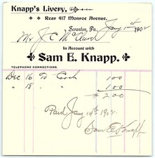 1907 Knapp's Livery Billhead - Scranton, PA picture