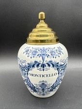 VTG Floral Delft Monticello Tobacco Jar Blue White Brass Lid Holland HTF EUC picture
