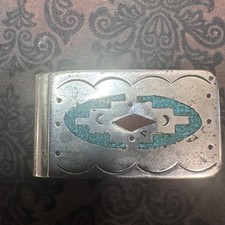 Native American Sterling Silver HB Money Clip Turquoise Inlay  picture