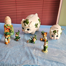RARE LEFTON China LOT Lrg Piggy Bank W/sm Pig, Figures & Wind-up Humpty '90-'98 picture