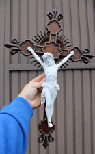 Antique neo gothic wood carved bisque porcelain corpus crucifix fleur lys picture