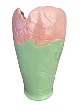 Vintage Whitney Smith Pottery Ceramic Green & Pink Hibiscus Vase 10