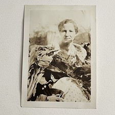 Vintage Sepia Snapshot Photograph Woman In Bush Plant Odd Unique Artistic picture