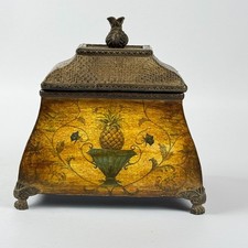 Vintage Wooden Pineapple Trinket Box Treasure Chest Metal Oriental Style Feet picture