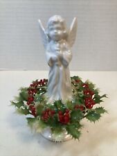 Small Vintage INARCO White Ceramic Angel with Holly Berries Leaves on Pedestal picture