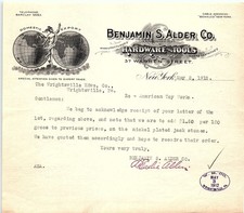 1912 Benjamin S. Alder Co. NY Hardware Tools Letterhead picture