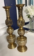 Vintage Pair 14” Heavy Brass Candlesticks Hollywood Regency Oriental Asian picture