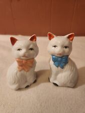 Vintage Cat Salt and Pepper Shakers, White, Painted Face and Bows, 4