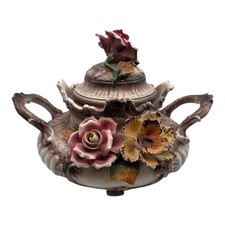 Vtg Antique Large Capodimonte Italy Soup Tureen Brown Colorful Flowers  picture