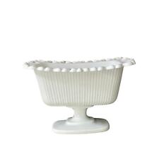 Vintage Ribbed Indiana Milk Glass Lace Scallop Edge Pedestal Rectangular Dish picture