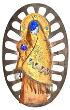 JUAN REYES MCM COPPER BRASS GEMSTONE MADONNA & CHILD WALL HANGING SCULPTURE picture