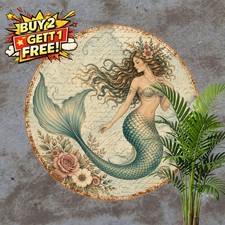 Nautical Mermaid Living Room Round Tin Sign Vintage Coastal Restroom Plaque 8x8 picture