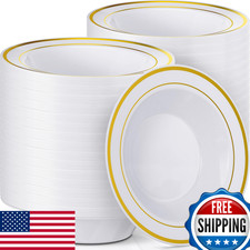 Jinei 150x 6oz Plastic Bowls with Gold Rim - Disposable Soup/Dessert/Salad picture