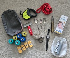 JUNK DRAWER LOT-SILVER SPOONS, PET SUPPLIES, STEELERS WATCH, VIETNAM ERA & MORE picture