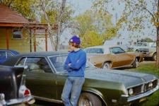 c1970's Kodachrome 35mm Slide, Man Leaning Mercury Cougar, Cars American picture