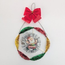 VTG Kitschy Christmas Wreath Glitter Santa Ornament Tinsel Velvet Bow 10.5