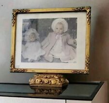 Victorian Baby & Doll Photo in Glass with Ornate Wood Art Frame vintage picture