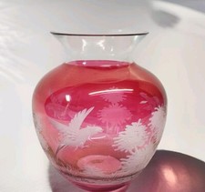 Vintage Cranberry Glass Vase Etched Birds Landscape  picture