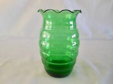 Vintage MCM Forest Green Glass Vase w/Crimped Top, Scalloped Body Anchor Hocking picture