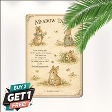 Spring Bunny & Butterfly Meadow Sign Whimsical Farmhouse Metal Plaque 8x12 picture