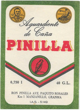 RARE Vintage Aguardiente de Caña PINILLA, Cuban Rum Paper Label - Cuba picture