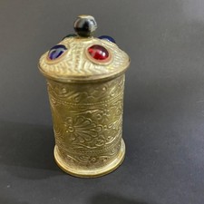 Vintage Brass Embossed Lidded Trinket Box Jar Colored Glass Stones Eagle Small picture