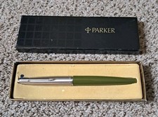 Vintage Parker 45 Fountain Pen 6-125-1 Olive Green Stainless Steel Cap & Box T picture