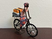 VTG Folk Art Paper-Mache & Wire Figurine Sculpture Woman On Bicycle Handmade picture