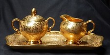 BRIGHT GOLD Creamer & Lidded Sugar Set with Tray, Vintage 1950s Floral Design picture