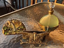 Dragonfly Vanity Set 3 Pc Trinket Boxes Frosted Glass Perfume Bottle picture