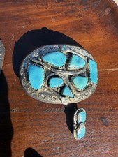 Vintage Effie Calavasa Zuni Handmade Turquoise Inlay Sterling Silver Belt Buckle picture