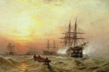Perfect Oil painting Naval battle on the sea seascape with sunrise scene canvas picture