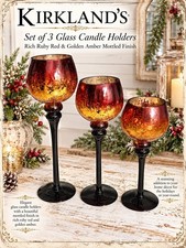 Kirkland’s Set of 3 Ruby Red & Gold Amber Glass Candle Holders Black Stems picture