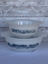 Vintage Glasbake Currier & Ives Milk Glass Mixing Bowls Set J-2354 J-2355 picture