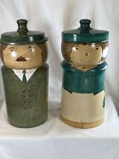Wonderful Vintage Hand Made Round Wooden Containers/Canisters Man & Woman Signed picture