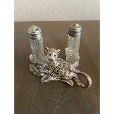 Arthur Court Jaguar Salt and Pepper Shaker Set Pewter Glass Safari Decor 1998 picture