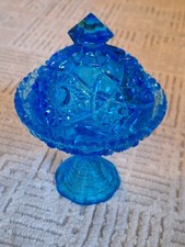 Kemple Glass Aqua Blue Hobstar & Fan Round Pedestal Compote Candy Dish w/ Lid picture