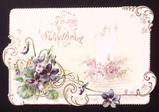 c1890 VALENTINE TO MY SWEETHEART FLORAL BOAT EMBOSSED DIE CUT CARD  Z532 picture