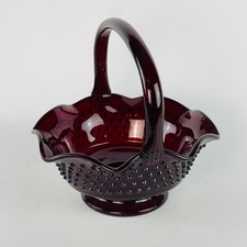 Ruby Red Glass Hobnail Scalloped Edge Round Basket 7 1/2 x 7 1/2 x 7 1/2” picture