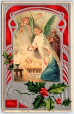 1909 Embossed Christmas Postcard Nativity Angels Holly German Art Nouveau picture