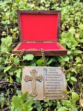 10 Antique Style Brass Prayer Plaques 3.5 Inch with Chain Wooden Gift Box picture