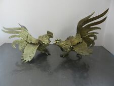 Large Vtg Pair Brass Fighting Roosters Cocks Mid-Century Detailed picture