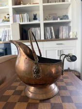 Vintage Antique Copper Brass Coal Scuttle Brass Lion Heads Blue White Delft MCM picture