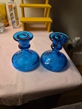Vtg Pair Sea Blue Thick Glass Candle Holders. Grapes/Leaves LE SMITH picture