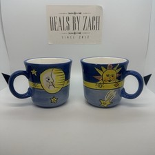 Pair of Inspirado Stonelite Celestial Sun & Moon 90s Vintage Ceramic Coffee Mugs picture