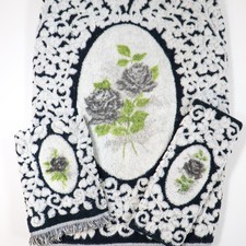 Vtg Cannon Royal Family Bath Towel Set Gray Navy Cameo Roses 3 Pcs Floral Flower picture